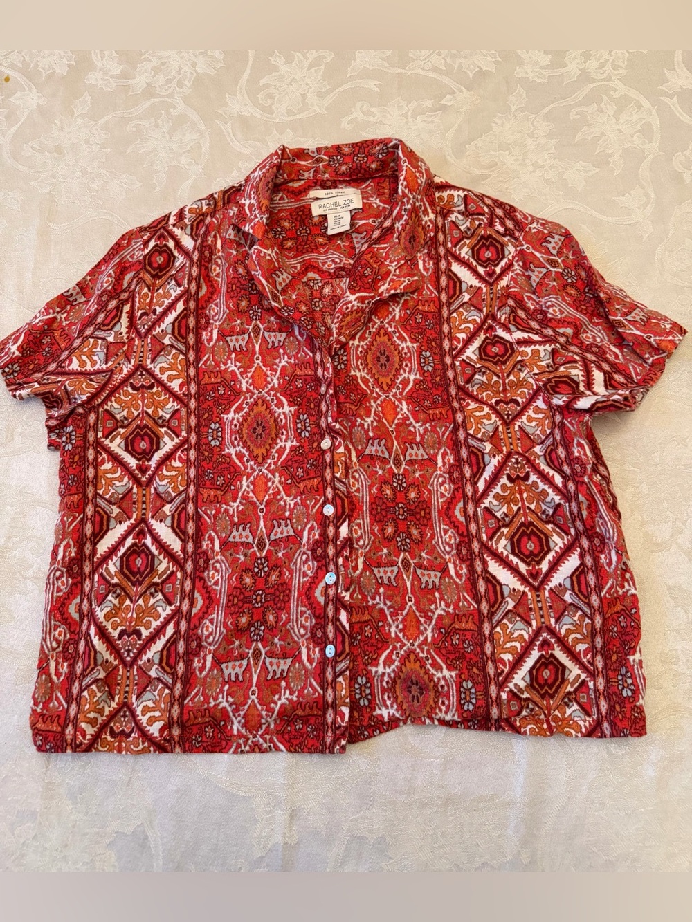 Rachel Zoe Bohemian Print Linen Blouse Orange With White Blue Accents Size M